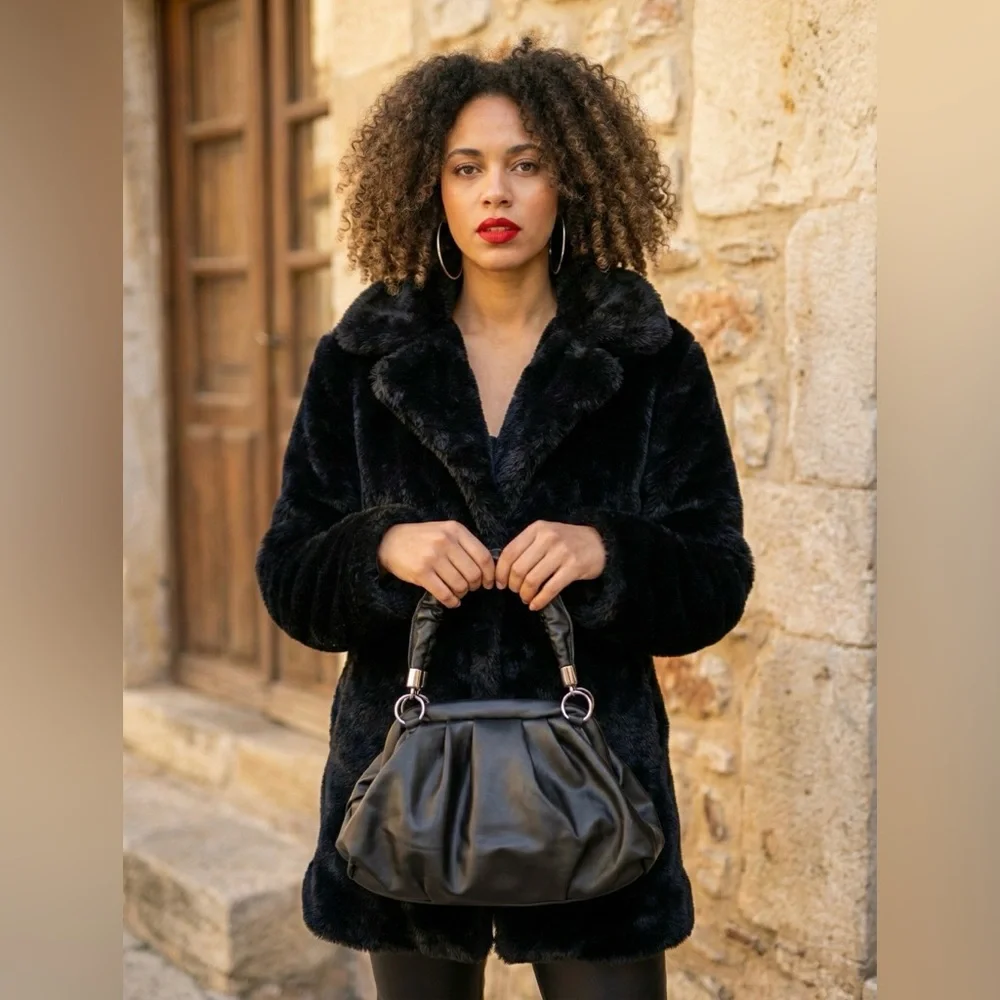 Black Ruched Top Handle Dumpling Bag Soft Vegan Leather Cloud Purse - Picture 3 of 7